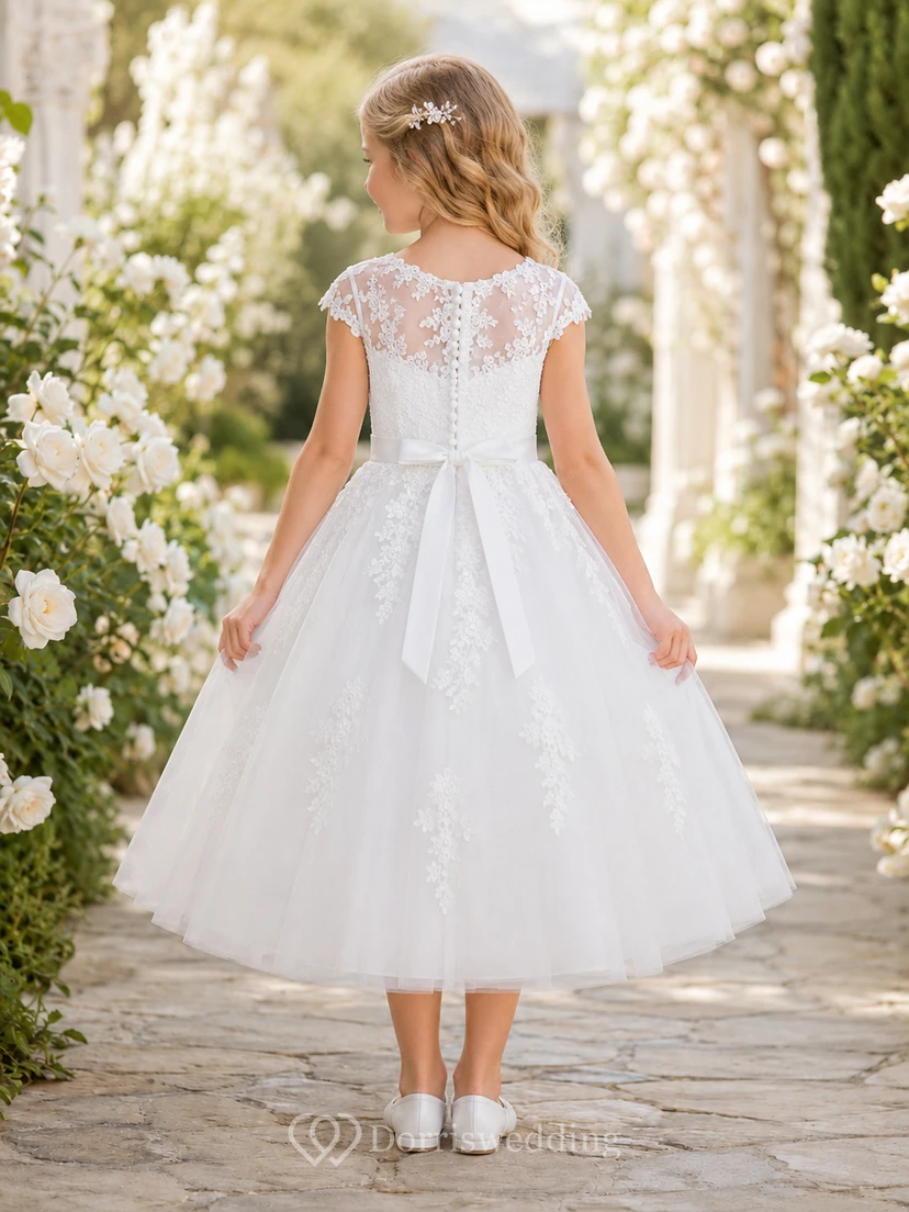 Flower Girl Dress White Lace Tulle A-Line Cap Sleeve Jewel Neck Tea Length view 2