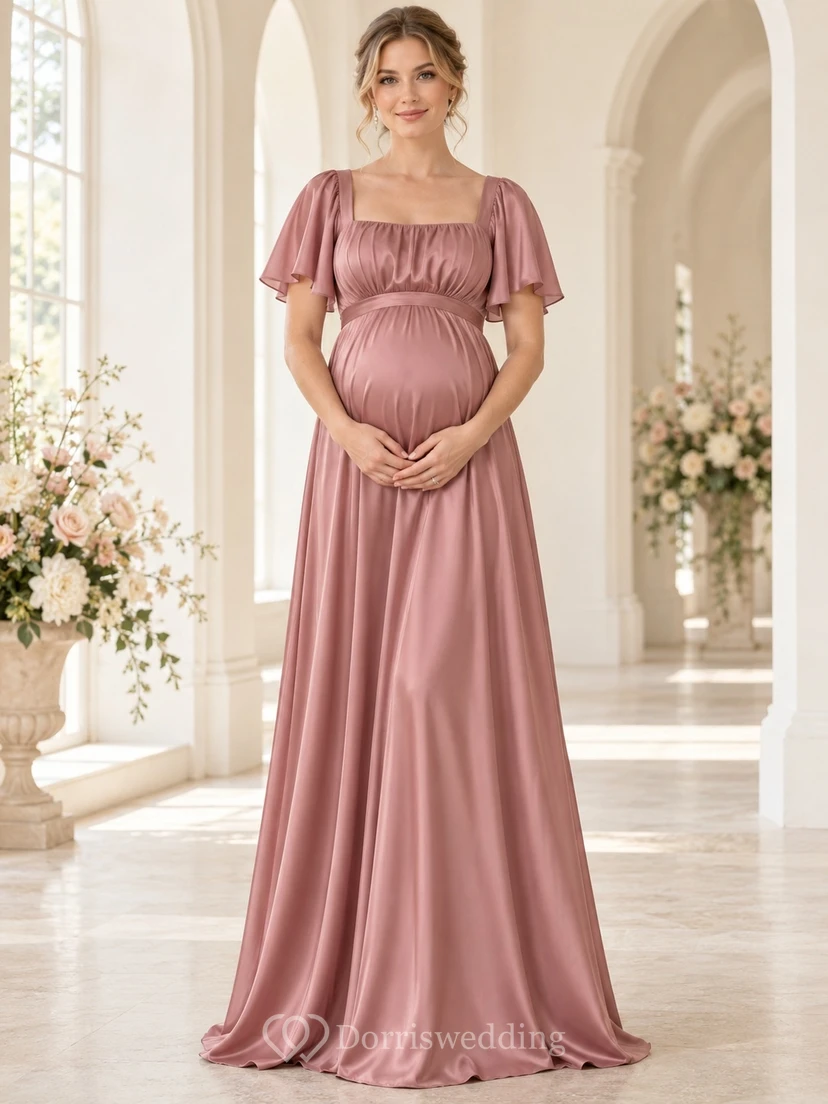 Vestido largo de dama de honor de satén color rosa empolvado con cuello cuadrado y mangas con volantes, corte imperio y escote cuadrado, estilo imperio.