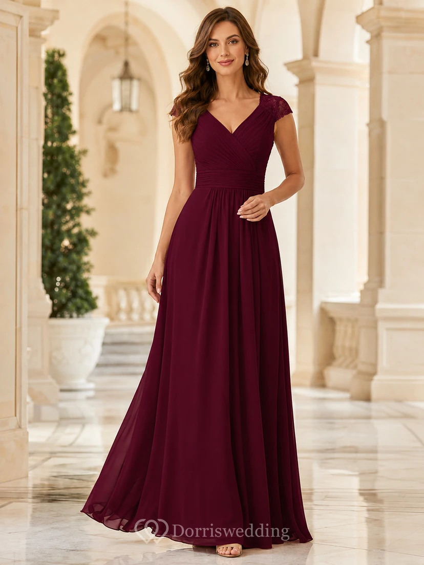 Burgunderrotes Chiffon-Abendkleid mit kurzen Ärmeln, V-Ausschnitt und bodenlang