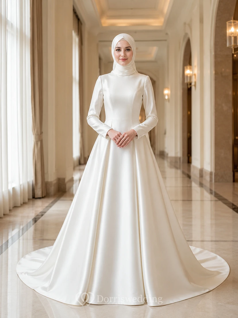 Simple Muslim Long Sleeve Satin Ball Gown Chapel Wedding Dress
