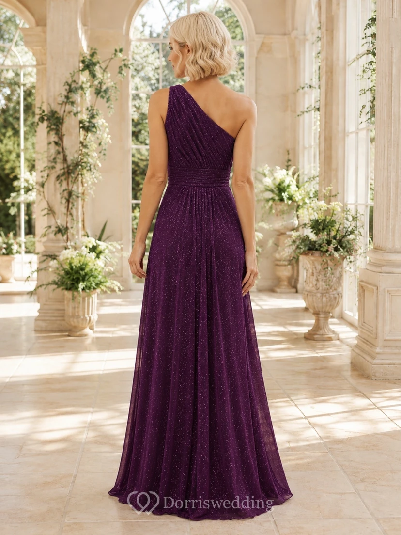 Plum Evening Dress A-Line Chiffon One-Shoulder Ruched Slit Romantic Formal Gown view 2