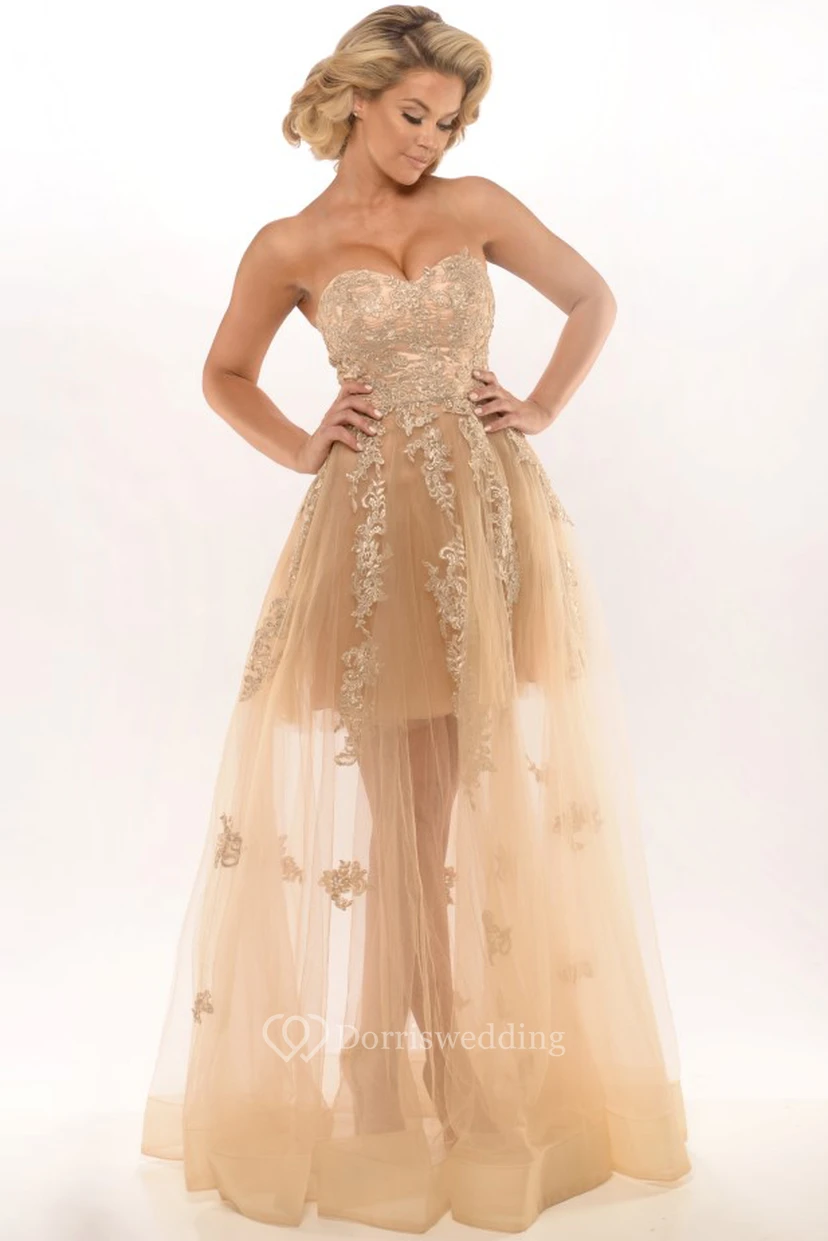 Ärmelloses Tüll-Abendkleid in A-Linie mit Applikationen und herzförmigem Ausschnitt