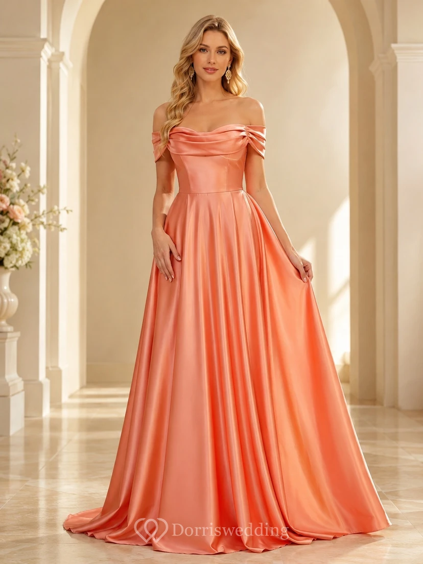 Coral Satin Off-the-shoulder Pleated Floor-length Ball Gown Elegant Formal Dress