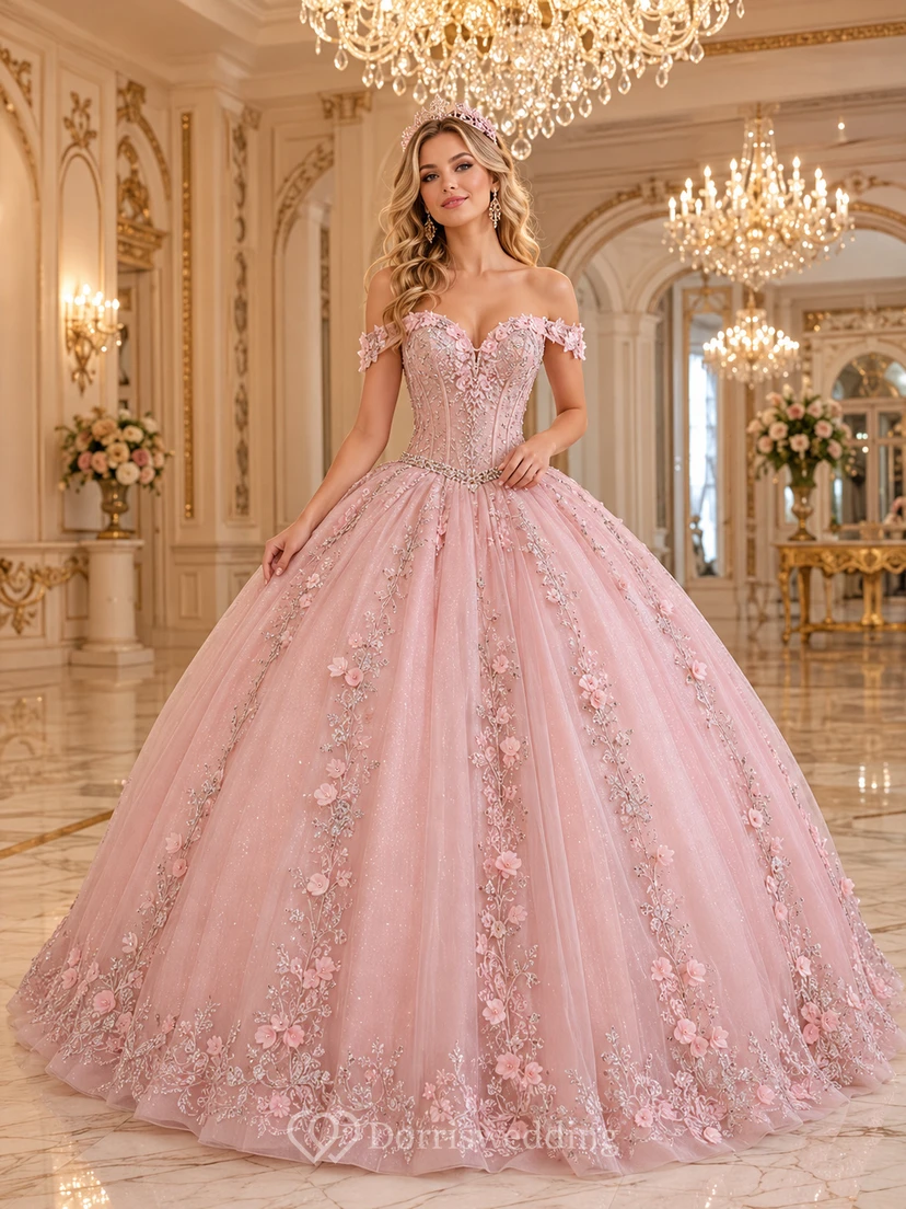 Vestido de baile de lujo de princesa para quinceañera, estilo princesa, con hombros descubiertos y estampado floral tridimensional, color rosa empolvado, ideal para grandes salones de baile.