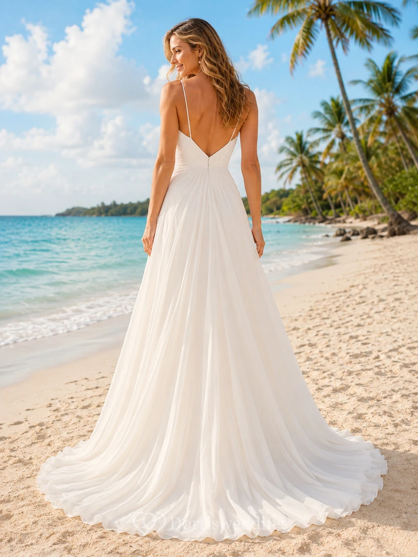 Beach Chiffon Tulle Wedding Dress A-Line Off Shoulder Sweep Train with Slit Bridal Gown view 2