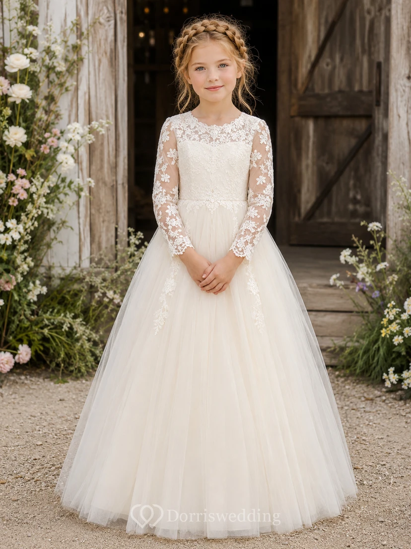 Flower Girl Dress Ivory Lace Tulle A-Line Long Sleeve Jewel Neck Tea Length