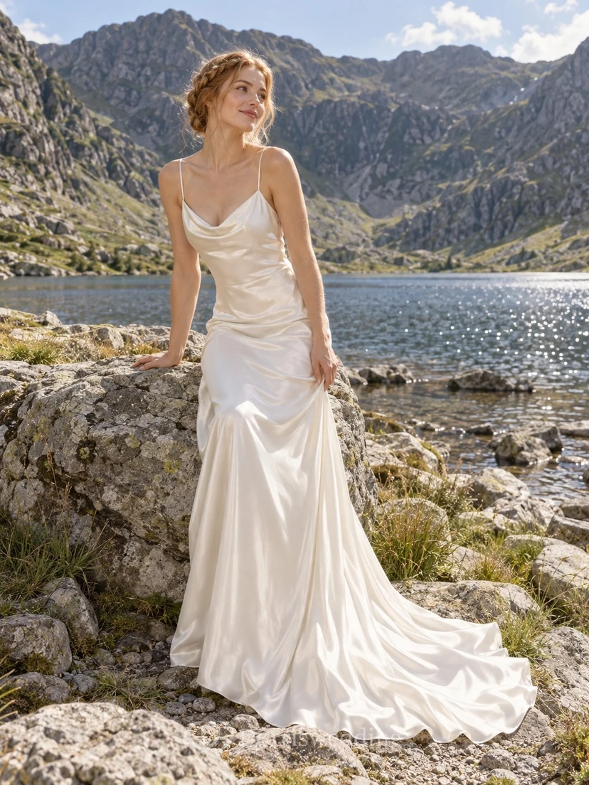 Vestido de novia romántico y sencillo de satén, estilo sirena, con escote drapeado, sin mangas, cola larga y espalda escotada.