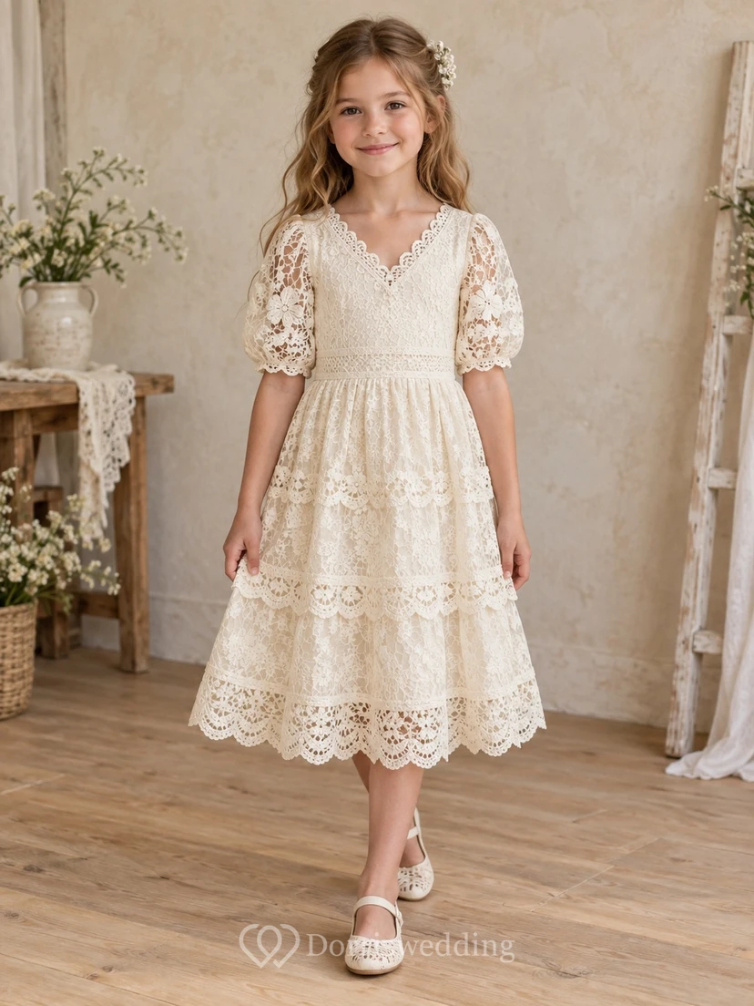 Boho Vintage Tea-length Ivory V-neck Scalloped Sleeve Tiered Lace Flower Girl Dress