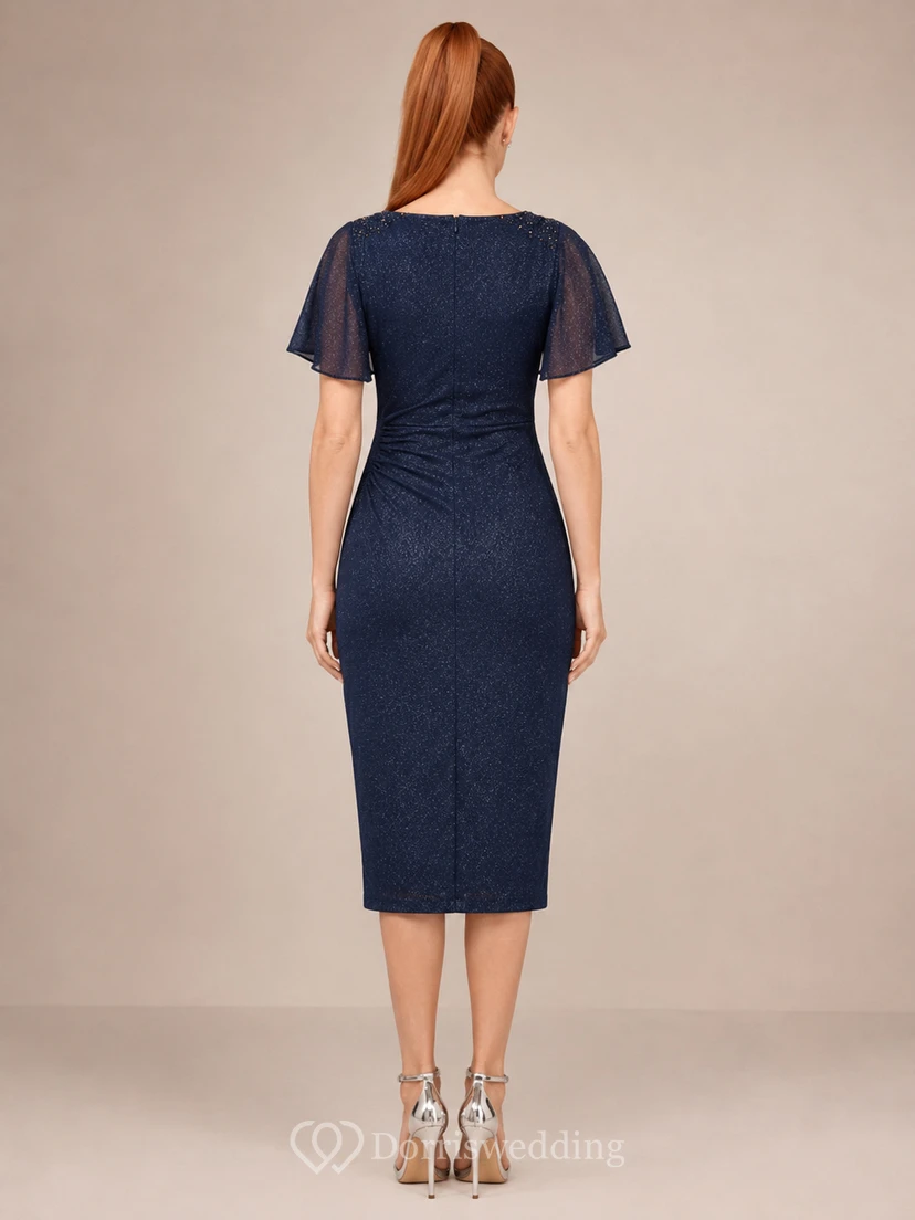 Marineblaues Jersey-Bleistiftkleid mit transparenten, flatternden Ärmeln view 2