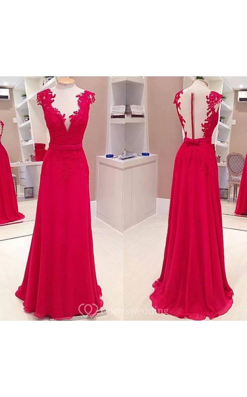 Sexy Red Deep V-Neck Prom Dresses Sleeveless Chiffon Evening Dresses With Bowknot view 2