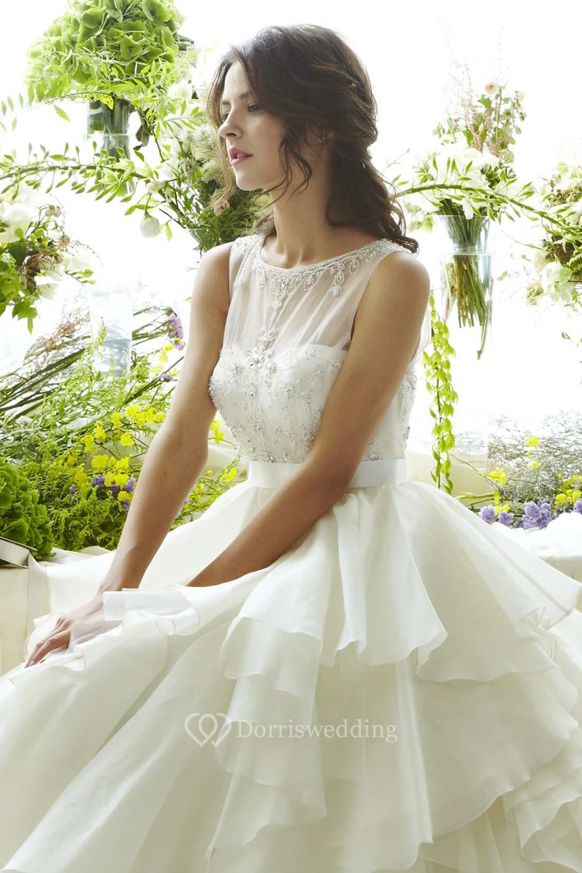 A-Line Sleeveless Scoop Floor-Length Cascading-Ruffle Organza Wedding Dress With Illusion Back And Beading view 4