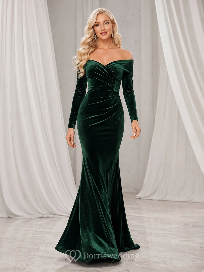 Dark Green Velvet Off-the-Shoulder Long-Sleeve Mermaid Sweep-Train Evening Dress