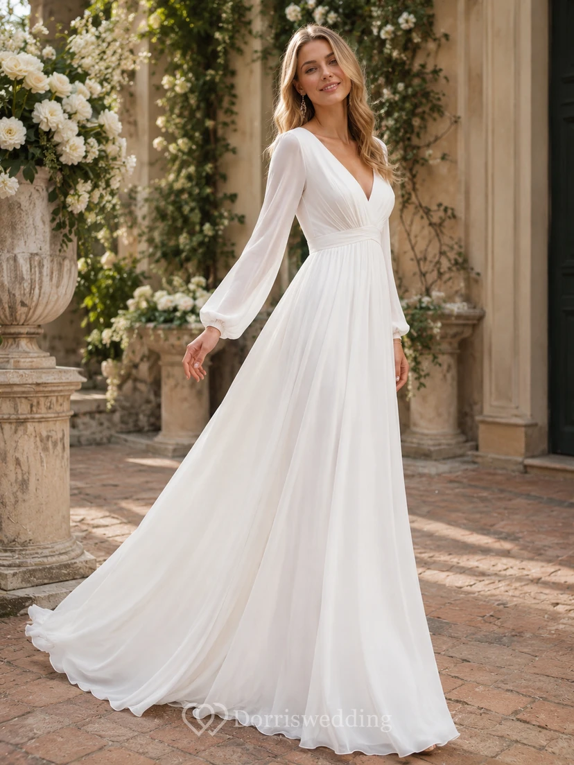Empire Puff Long Sleeve Ruched A-line Wedding Dress view 5
