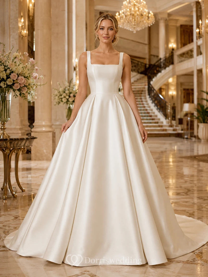 Robe de mariée de luxe en satin à col carré, style bal d'hôtel, robe de bal.