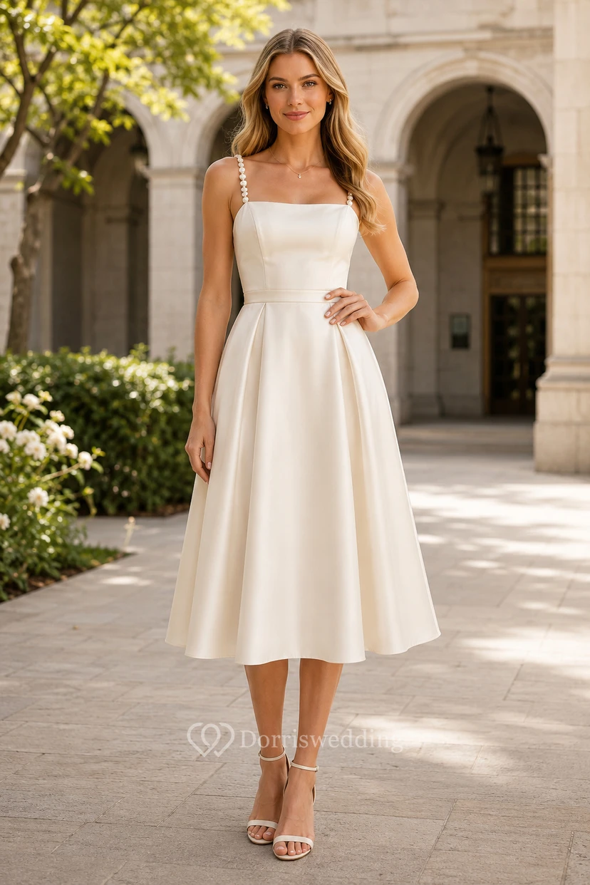 Robe de réception de mariage en satin, longueur thé, col carré, idéale pour les réceptions de mariage et les cérémonies civiles.