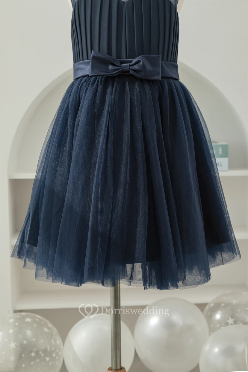 Dark Navy Chiffon Pleated Sleeveless Casual Flowergirl Dress view 4