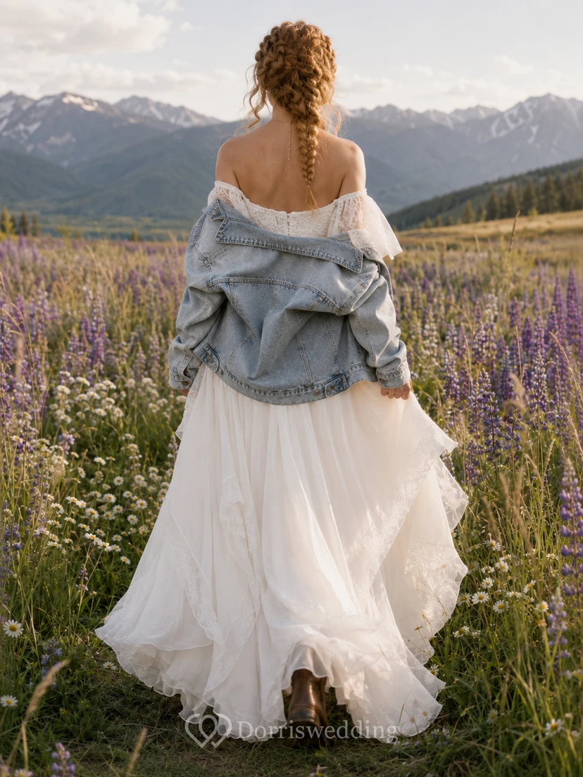 Robe de mariée trapèze décolletée avec veste en jean style western rustique view 2