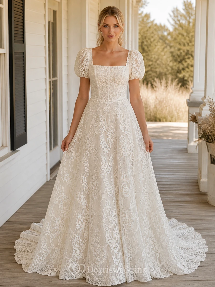 Vestido de novia romántico de gala con corsé y estampado floral, escote cuadrado y mangas cortas, largo hasta el suelo.