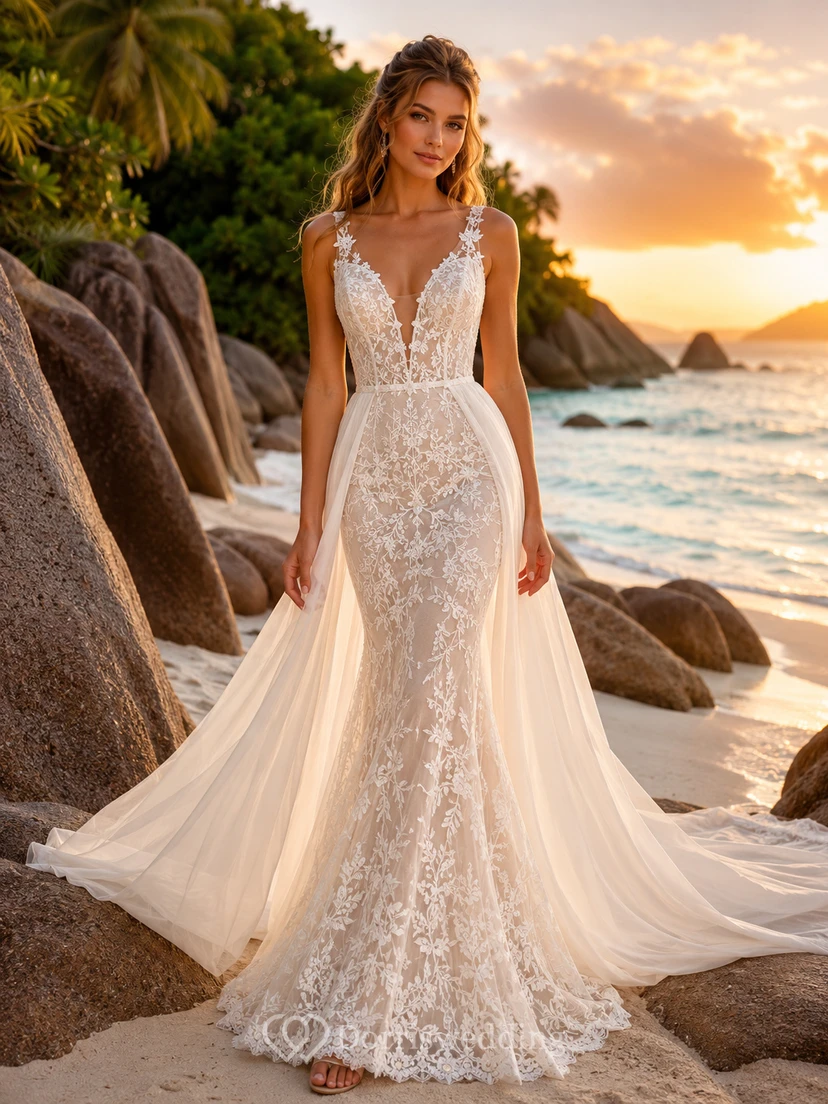 Robe de mariée sirène de luxe en dentelle florale à bretelles plongeantes et jupe surjupe, idéale pour une destination romantique.