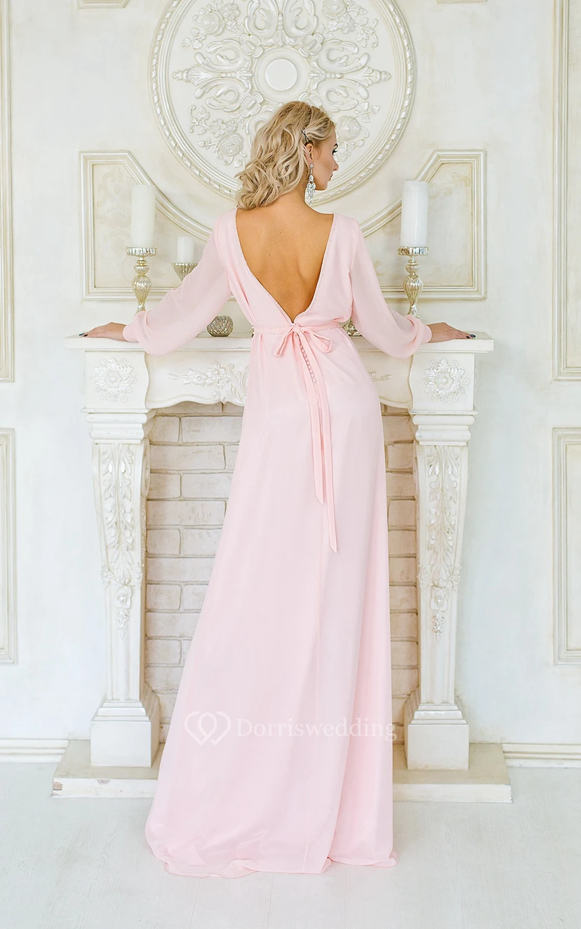 Sheath Floor-Length Jewel Long Sleeve Chiffon Crystal Detailing Pleats Low-V Back Dress view 2