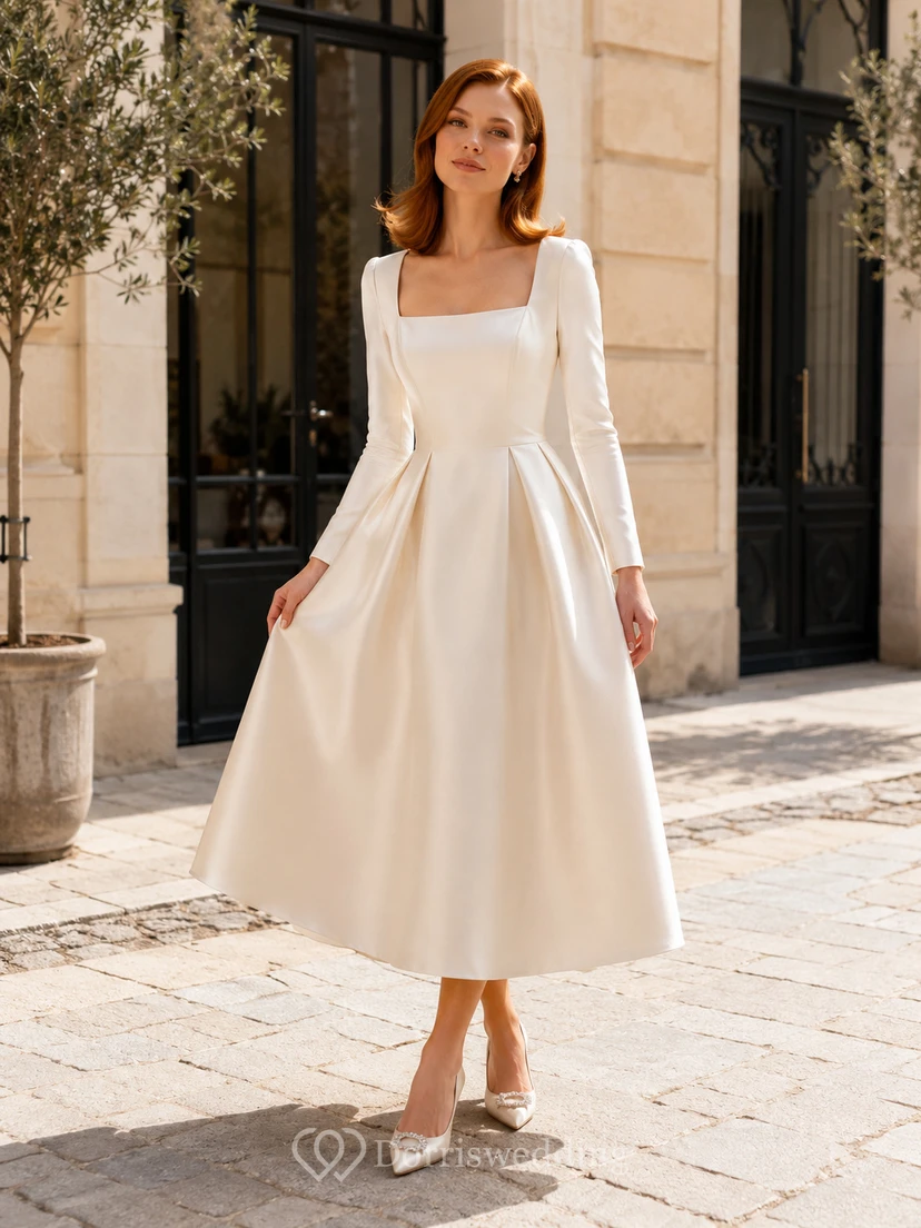 Vestido de novia civil midi de satén con cuello cuadrado y manga larga