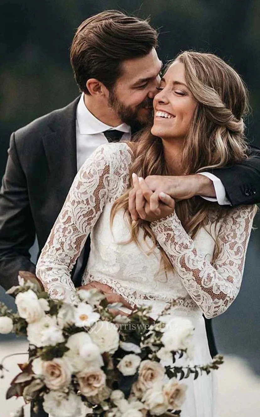 Lace Long Sleeve Scoop-neck Two Piece Chiffon Wedding Dress view 3