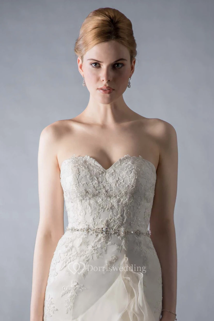 A-Line Sweetheart Appliqued Long Organza Wedding Dress With Cascading Ruffles And Tiers view 3