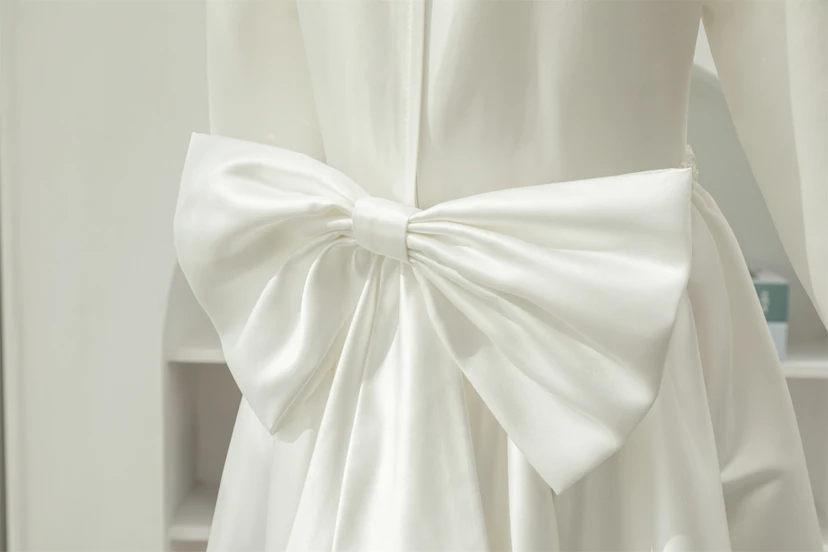 Modest Long Sleeve Scoop-neck Satin A-line Beaded Flowergirl Dress view 9