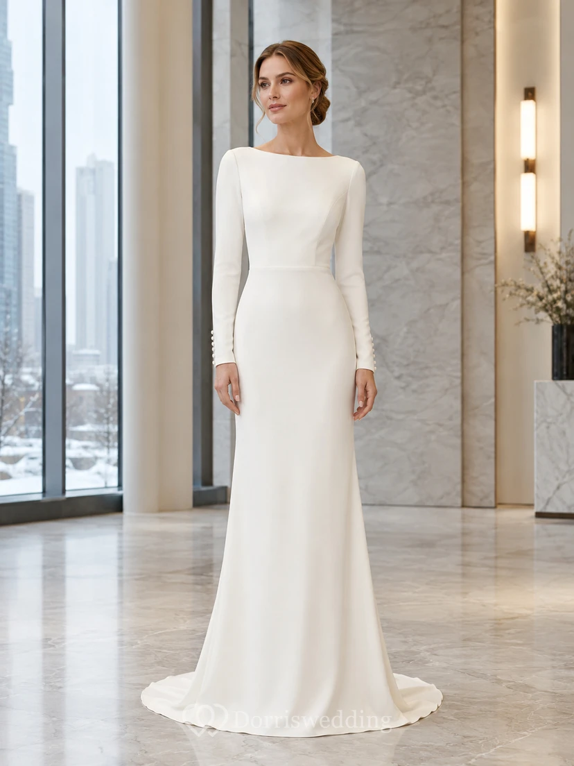 Winter Minimalist Bateau Long Sleeve Crepe Sheath Wedding Dress