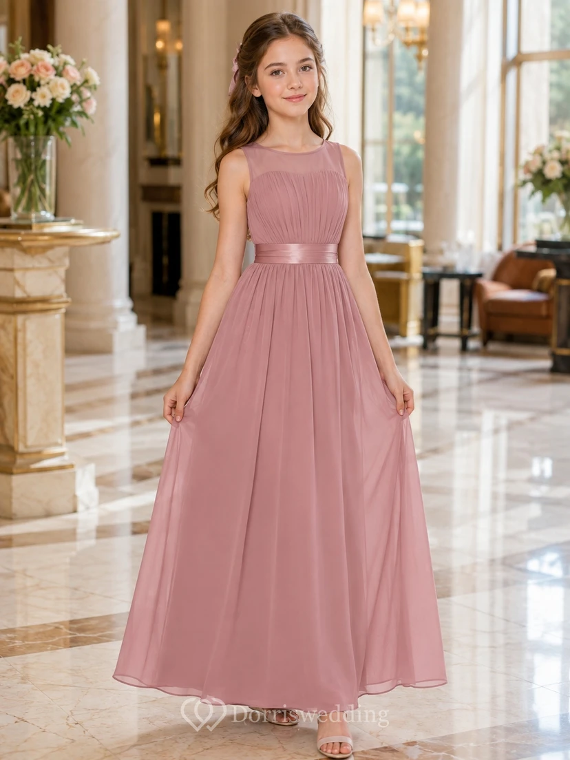 Mauvefarbenes Brautjungfernkleid, A-Linie, hoher Kragen, ärmellos, elegant