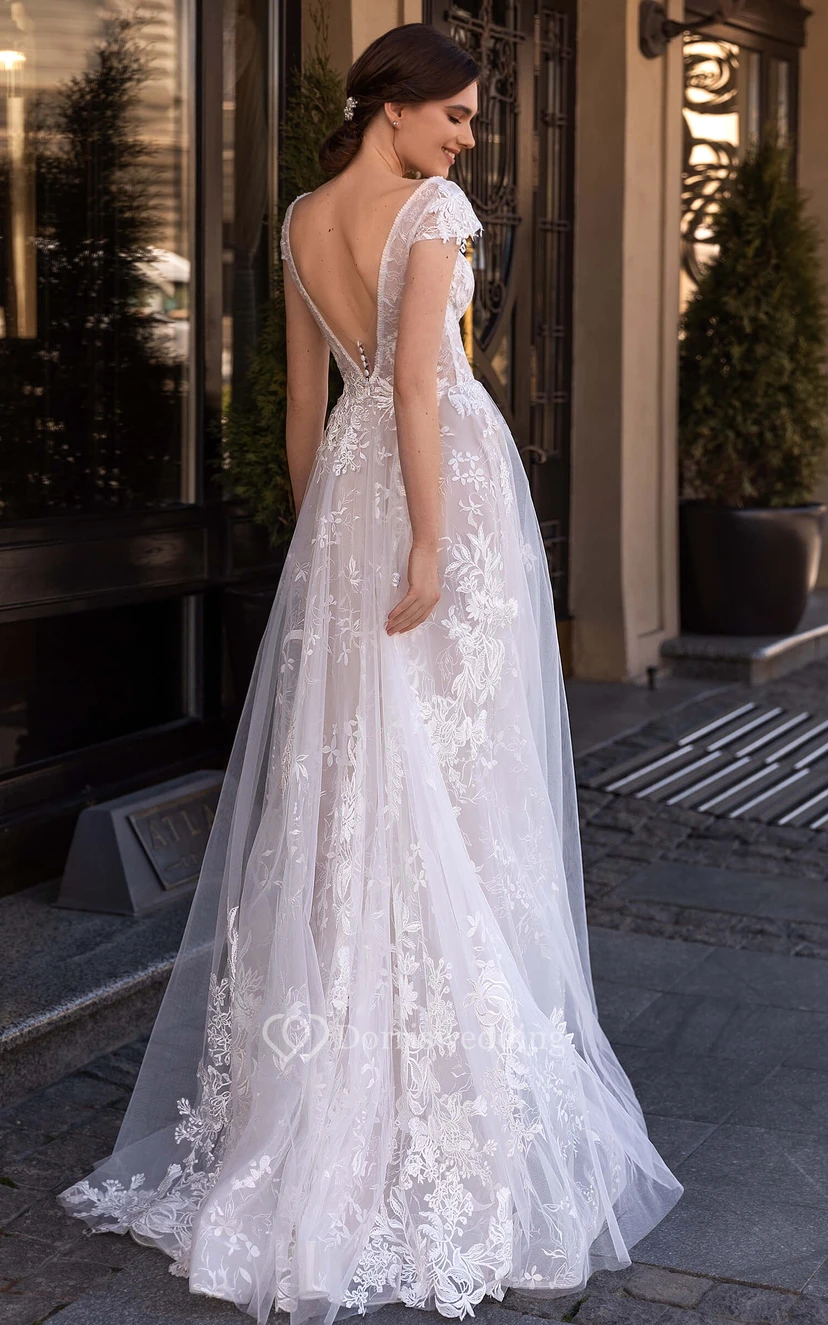 Elegant A Line Lace Floor-length Floor-length Backless Wedding Dress with Appliques view 2
