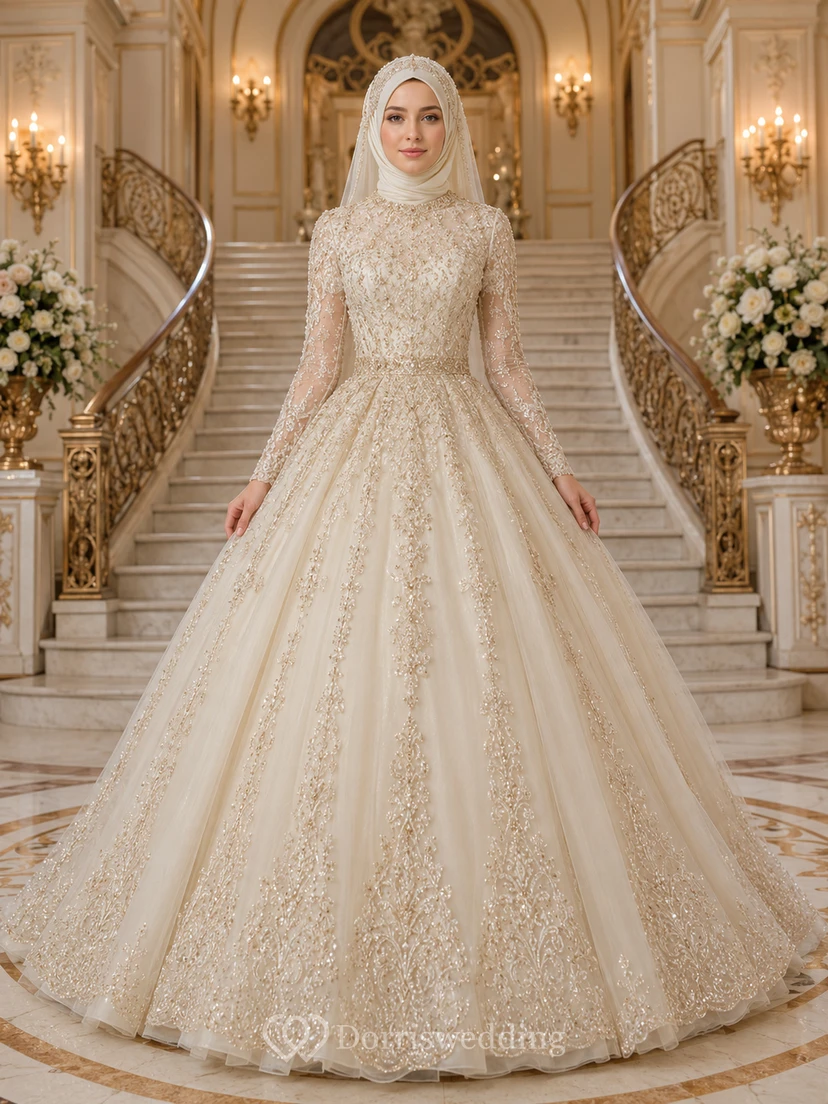 Luxury Muslim Beaded Lace Ball Gown Bridal Dress With Palace Train