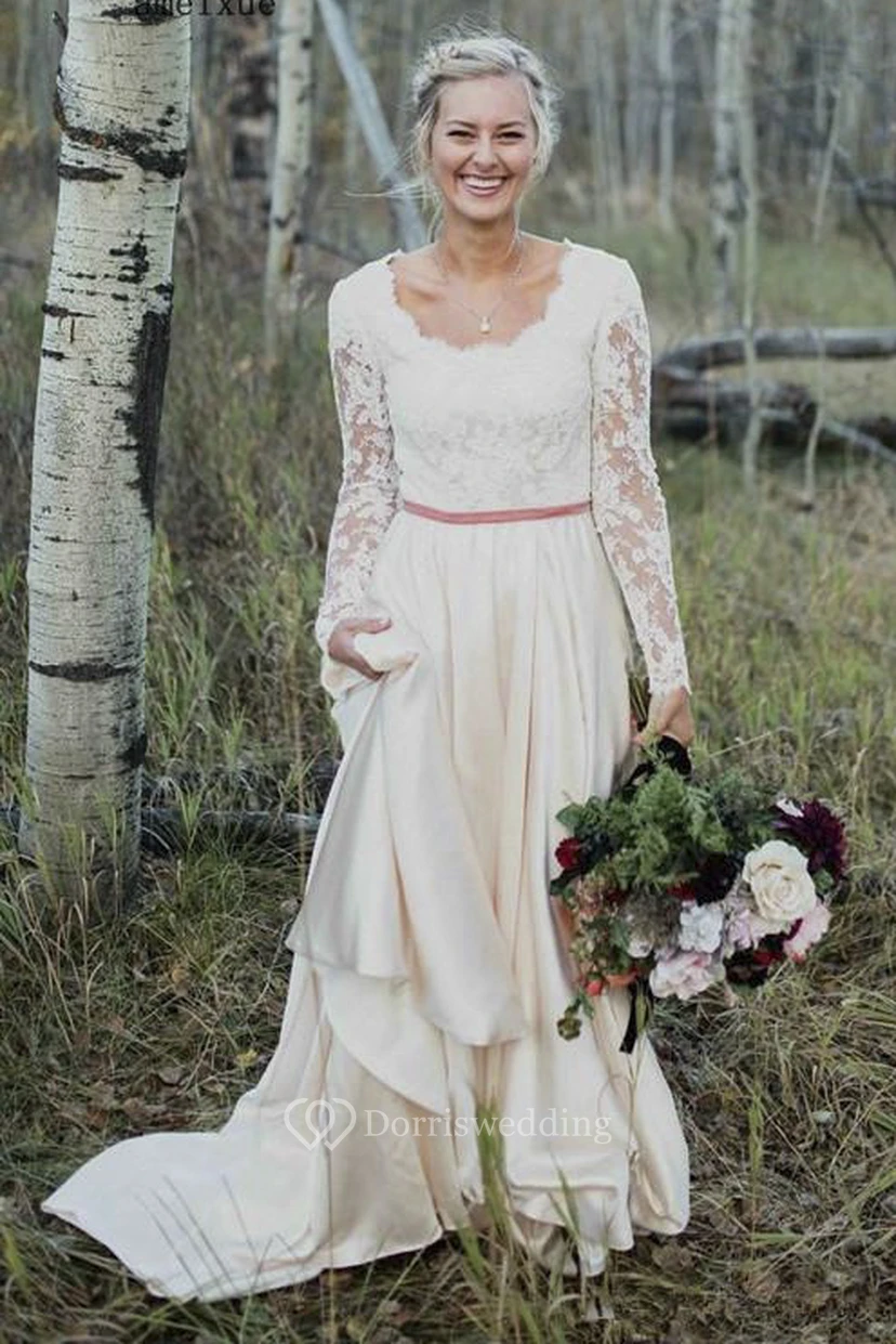 Elegant Long Sleeve Sheath Scalloped Lace And Satin Wedding Bridal Gown