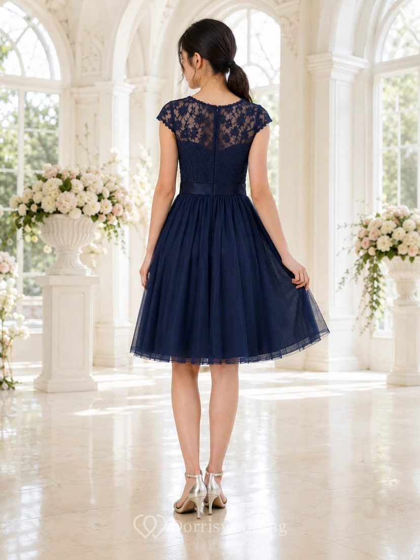 Dark Navy Junior Bridesmaid Dress A-Line Jewel Short Sleeves Lace Bodice view 2