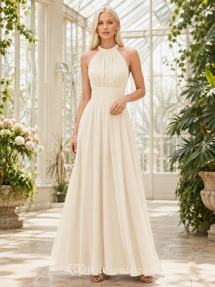 Cream Chiffon Halter Pleated Sleeveless Floor-Length A-Line Evening Dress