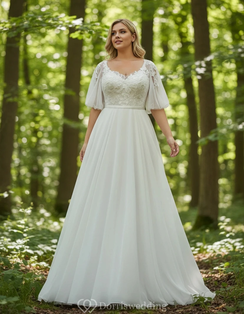 Vestido de novia de talla grande con escote en V de encaje, mangas abullonadas transparentes y falda en línea A.