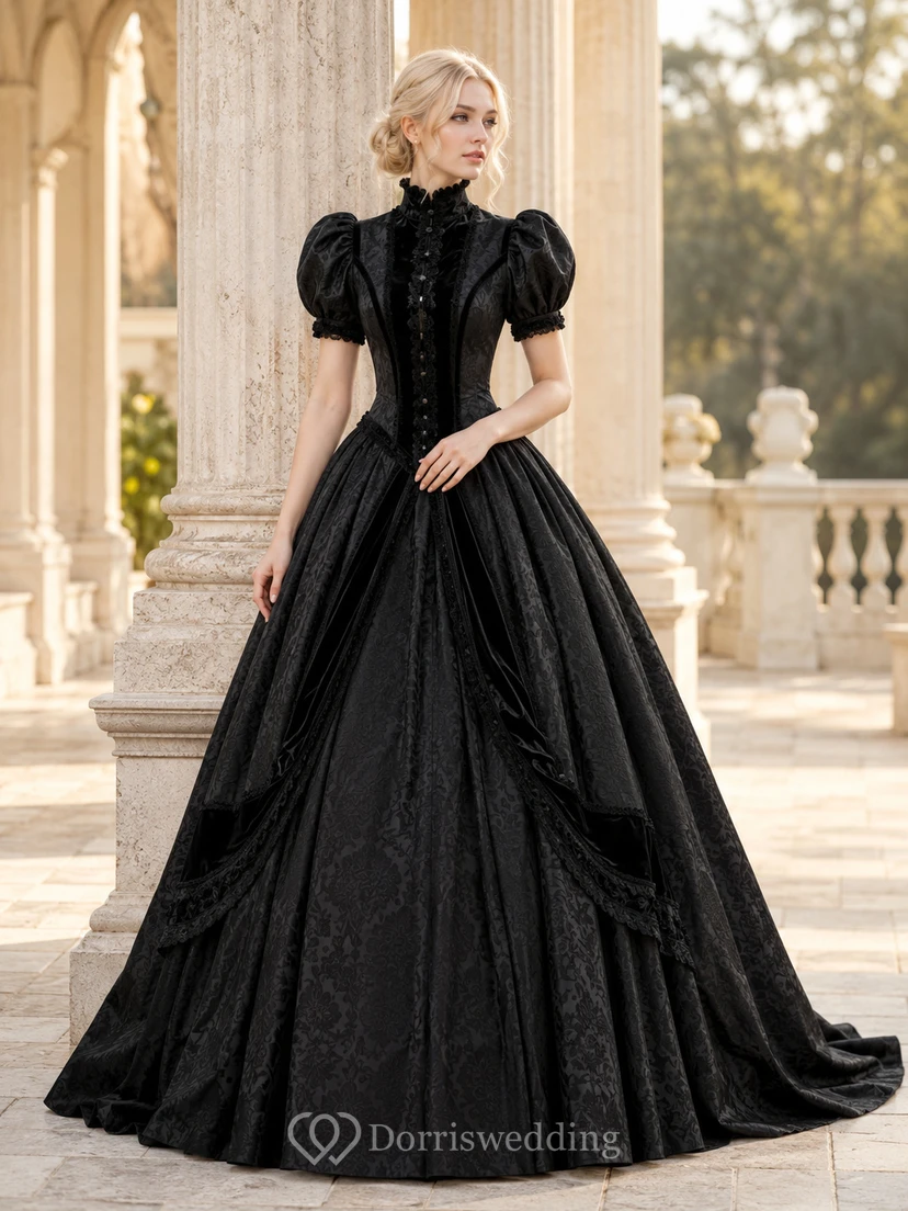 Schwarzes viktorianisches Ballkleid aus Satin mit hohem Kragen, Puffärmeln und bodenlangem Saum