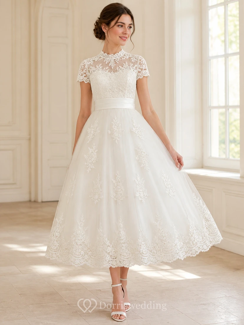 Vestido de novia civil de corte A, largo hasta la rodilla, modesto, cuello alto y mangas cortas.
