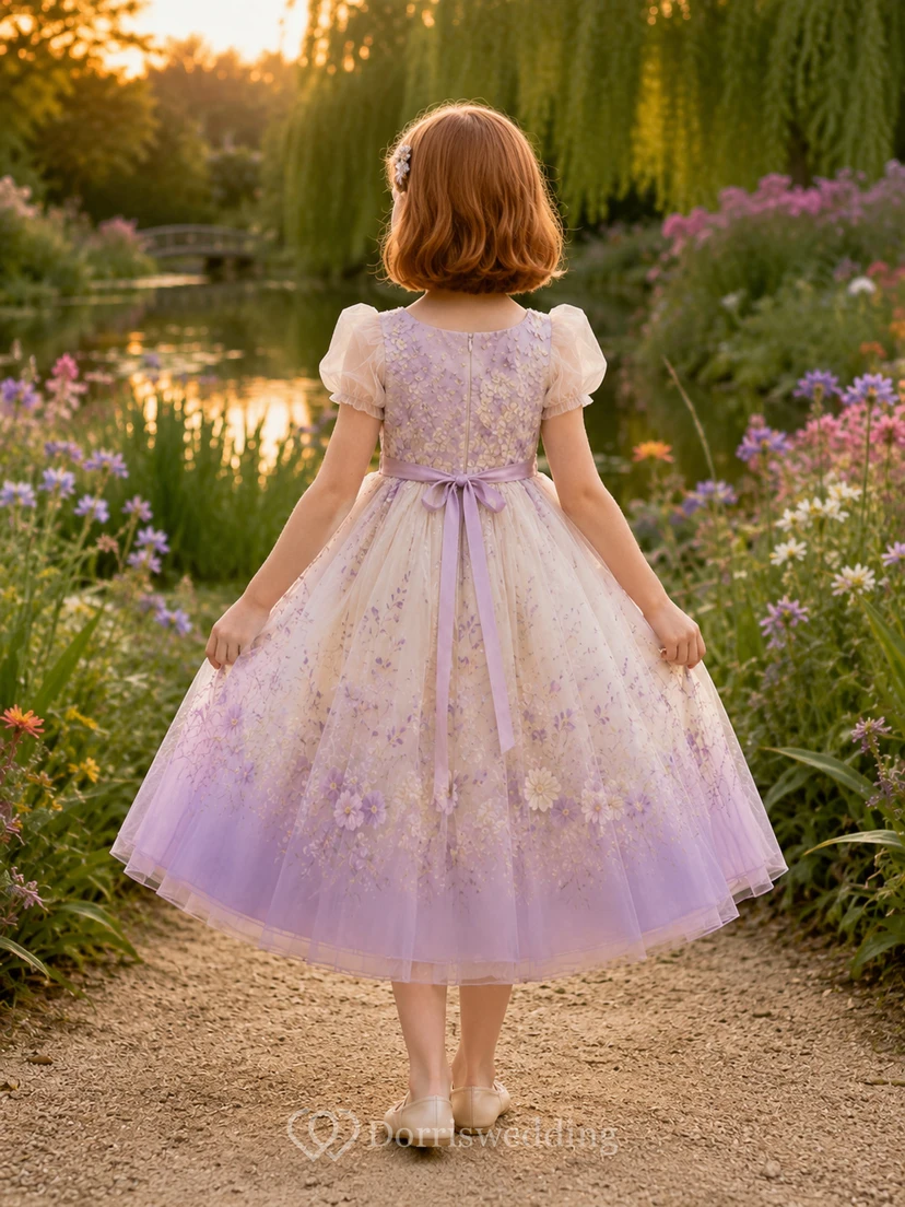 Lavender Flower Girl Dress with Puff Organza Sleeves, Floral Applique Square Bodice, Tea-Length Ombre Tulle Skirt and Satin Bow Waist view 2