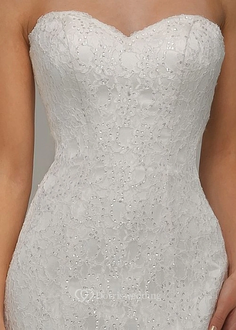 Long Sweetheart Beaded Long-Sleeve Lace Wedding Dress view 8