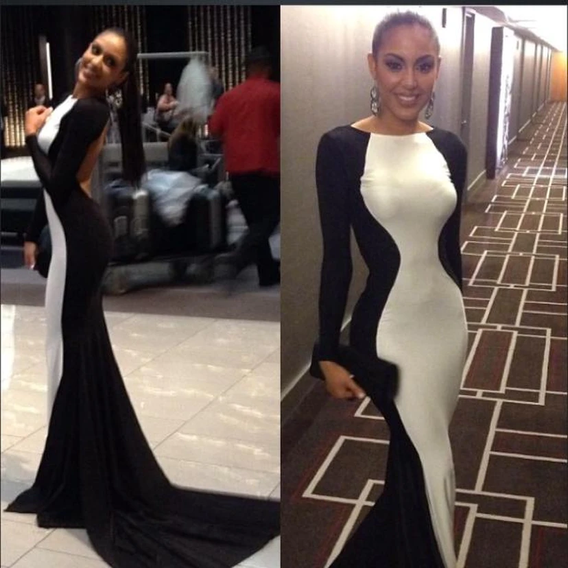 Neues, sexy weißes und schwarzes Ballkleid mit langen Ärmeln für Damen – perfektes Abendkleid für Partys view 2