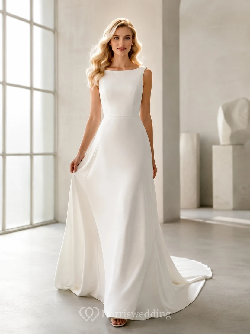 Vestido de novia sencillo y modesto con escote barco, corte A, espalda baja y cola.