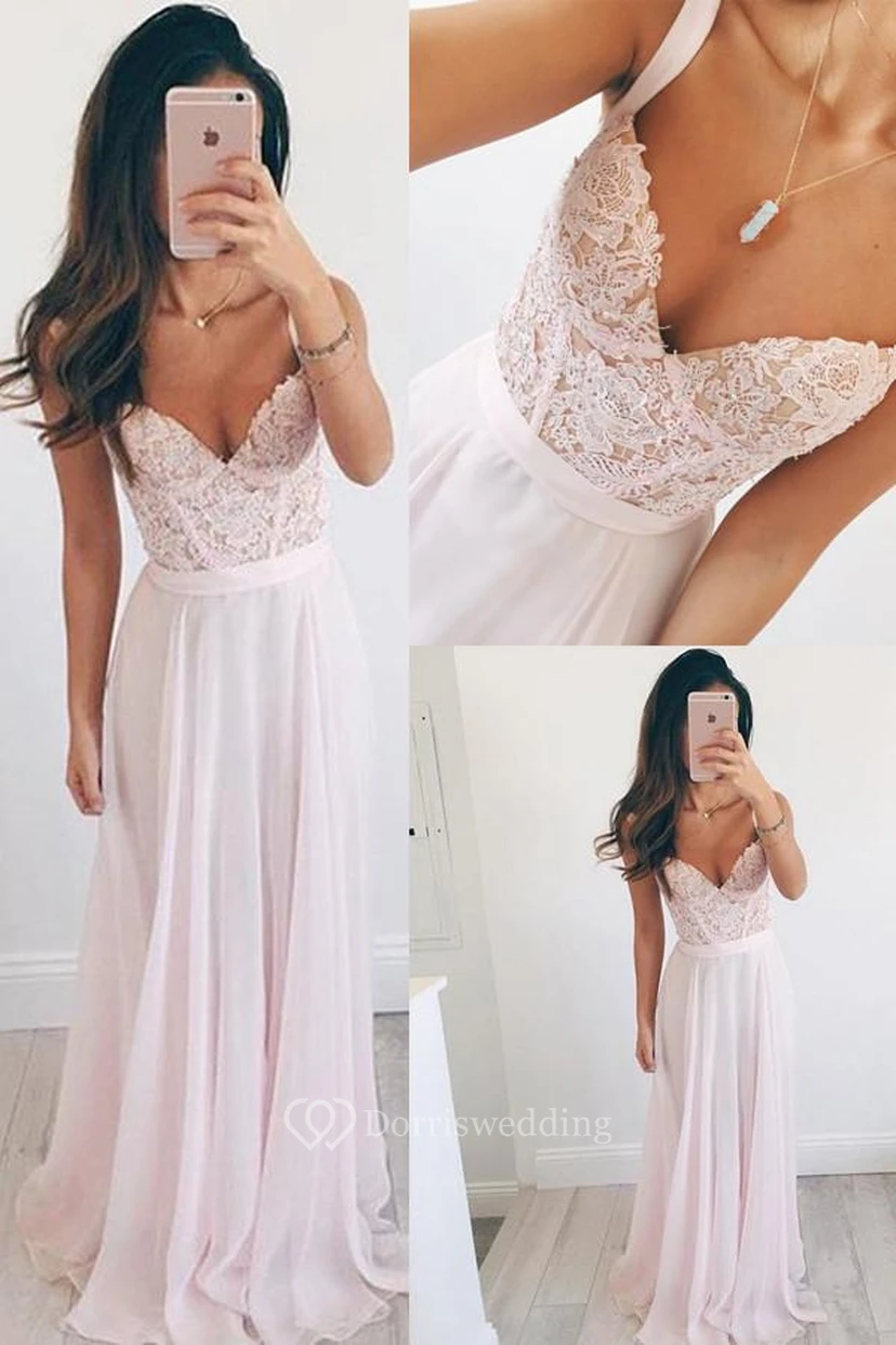 A-Line Chiffon Lace Straps V-neck Sleeveless Zipper Dress view 2