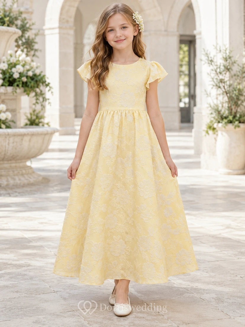 Yellow Floral Bateau Flutter Sleeve Jacquard A-line Flower Girl Dress
