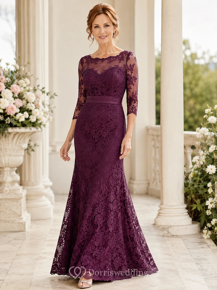 Plum Mother Lace Three Quarter Sleeve Floor Length Mermaid Formal Dress