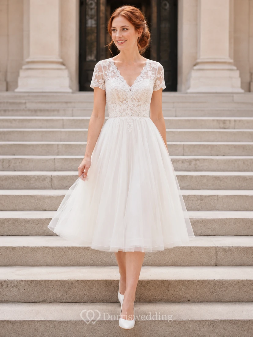 Robe de mariée trapèze en tulle à manches courtes et dentelle, style Courthouse