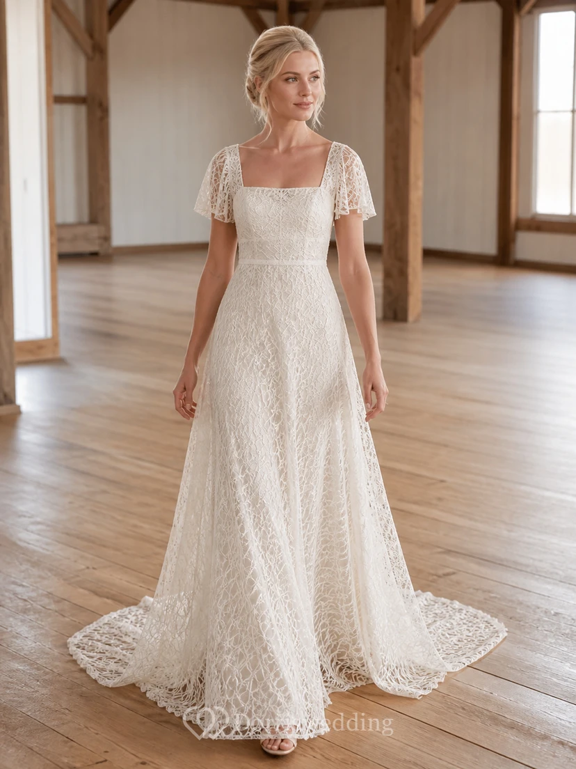 A-Linien-Brautkleid mit eckigem Ausschnitt, kurzen Ärmeln und geometrischer Spitze