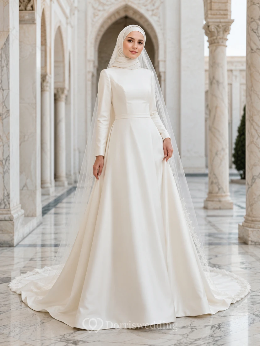 Modest Hijab High Neck Satin Ball Gown Wedding Dress