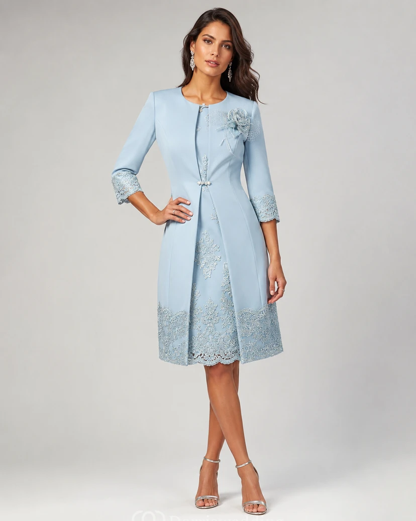 Jewel A-line Knee-length 3-4 Length Sleeve Satin Mother of the Bride Dress with Zipper Back view 8