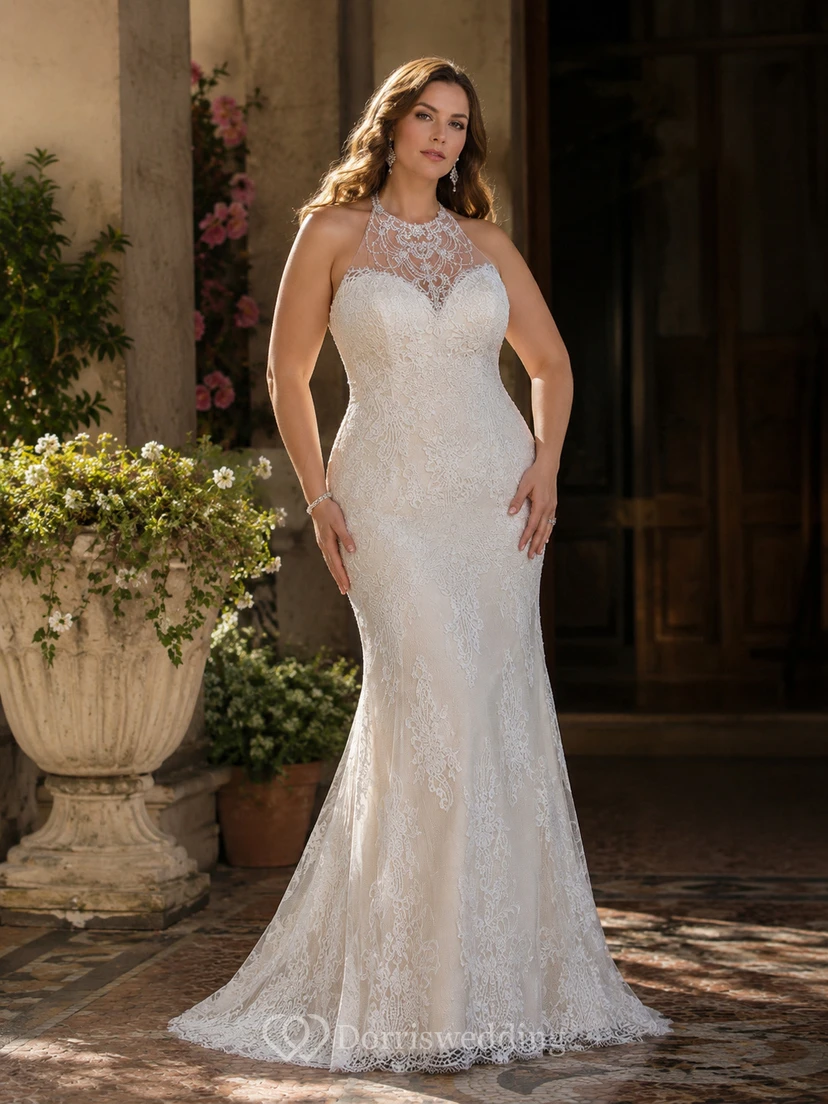 Vestido de novia de sirena sin mangas con cuello alto, escote ilusión y apliques. view 4